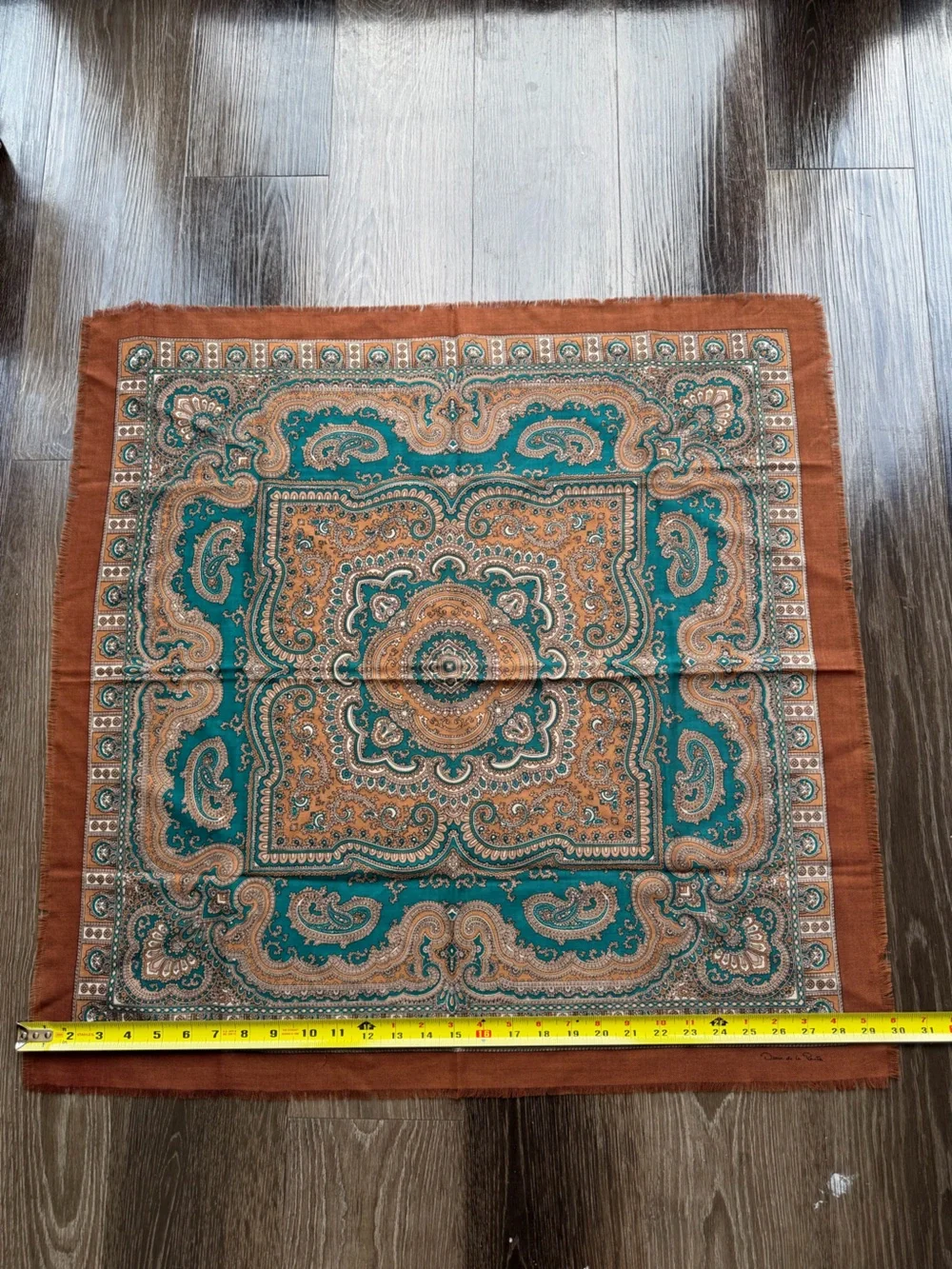 Oscar de la Renta Paisley Square Scarf Fringe Teal Brown Beige 30x30
